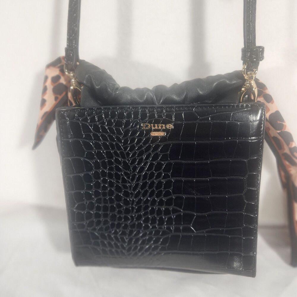 DUNE LONDON Genuine Leather Corcididle Hand Bag Purse Black & Gold Leopard Sash